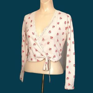 Audrey 3+1 Floral Cottagecore Wrap Shirt Lace Trim Pink Flowers L Balletcore